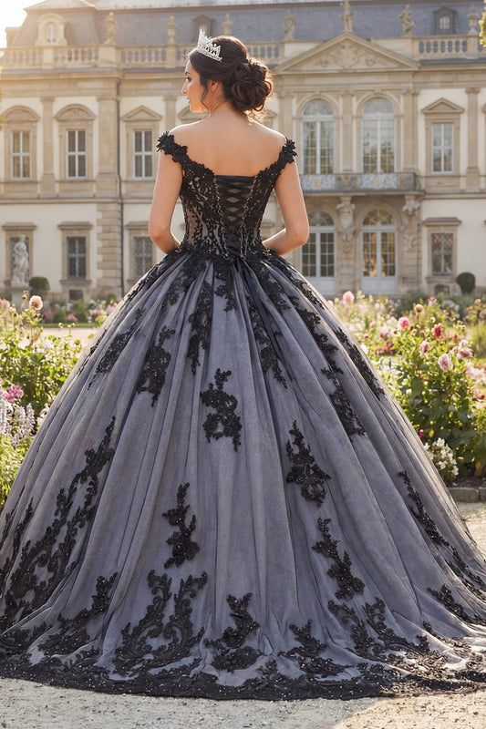 Beaded Floral Long Black Princess Quinceanera Dress with Lace