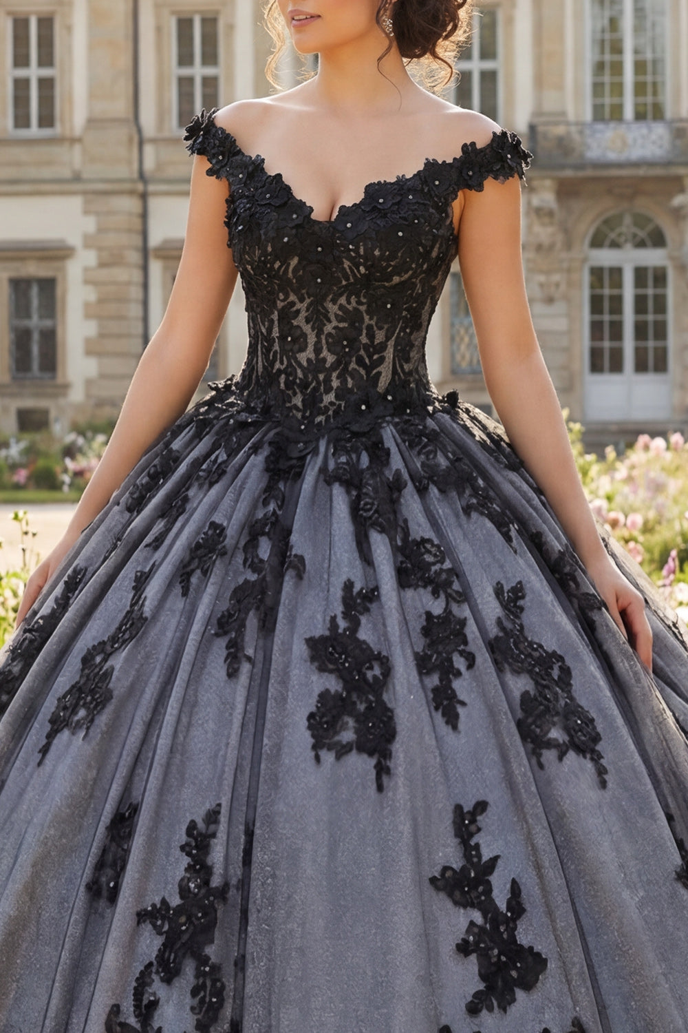 Beaded Floral Long Black Princess Quinceanera Dress with Lace