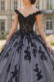 Beaded Floral Long Black Princess Quinceanera Dress with Lace