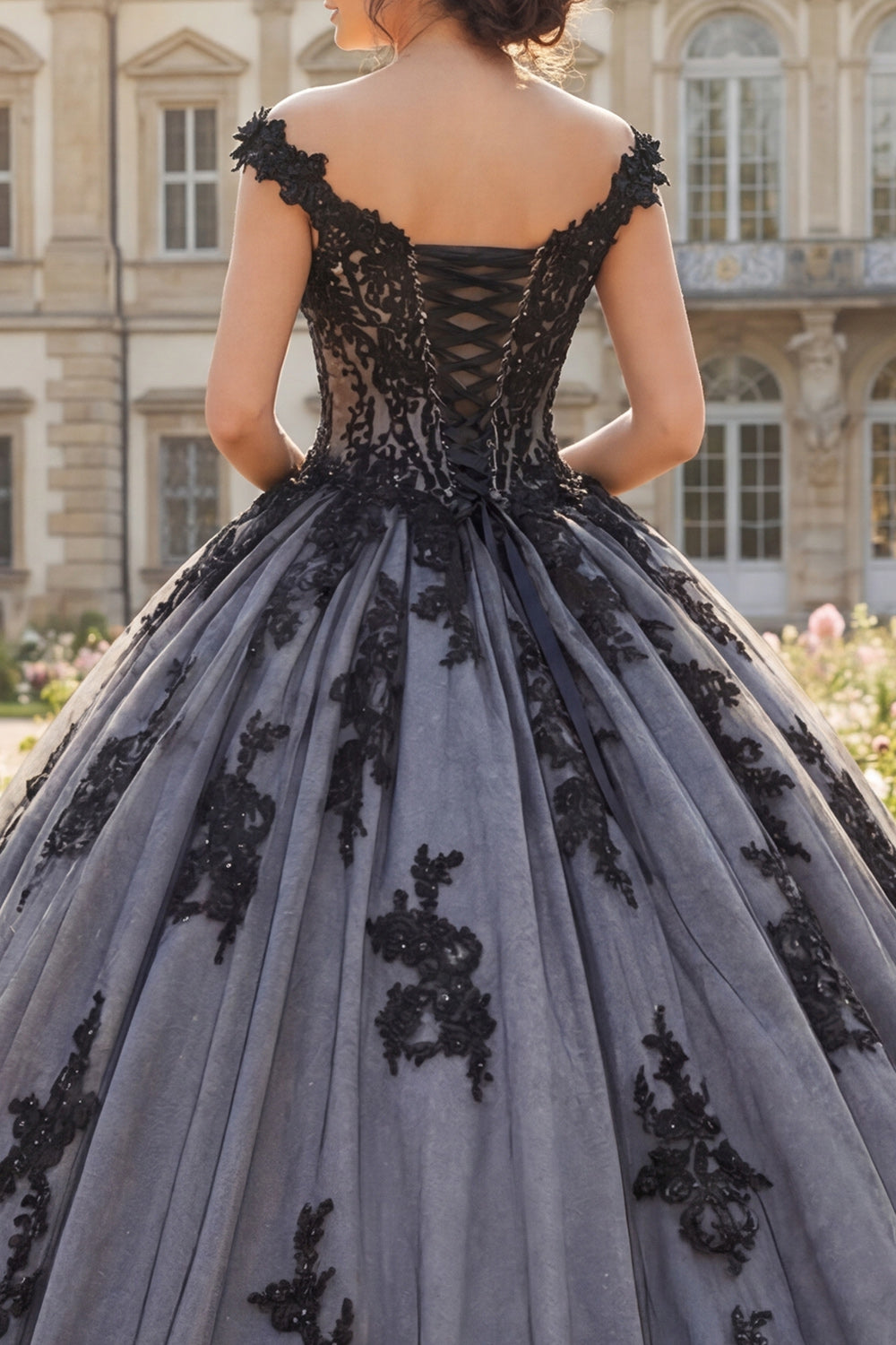 Beaded Floral Long Black Princess Quinceanera Dress with Lace