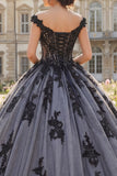 Beaded Floral Long Black Princess Quinceanera Dress with Lace