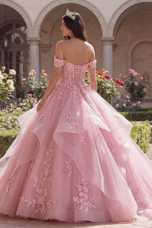 Pink Princess Floral Long Corset Glitter Quinceanera Dress with Ruffles