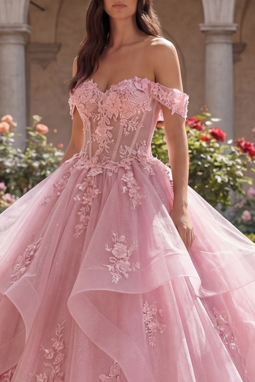 Pink Princess Floral Long Corset Glitter Quinceanera Dress with Ruffles