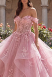 Pink Princess Floral Long Corset Glitter Quinceanera Dress with Ruffles