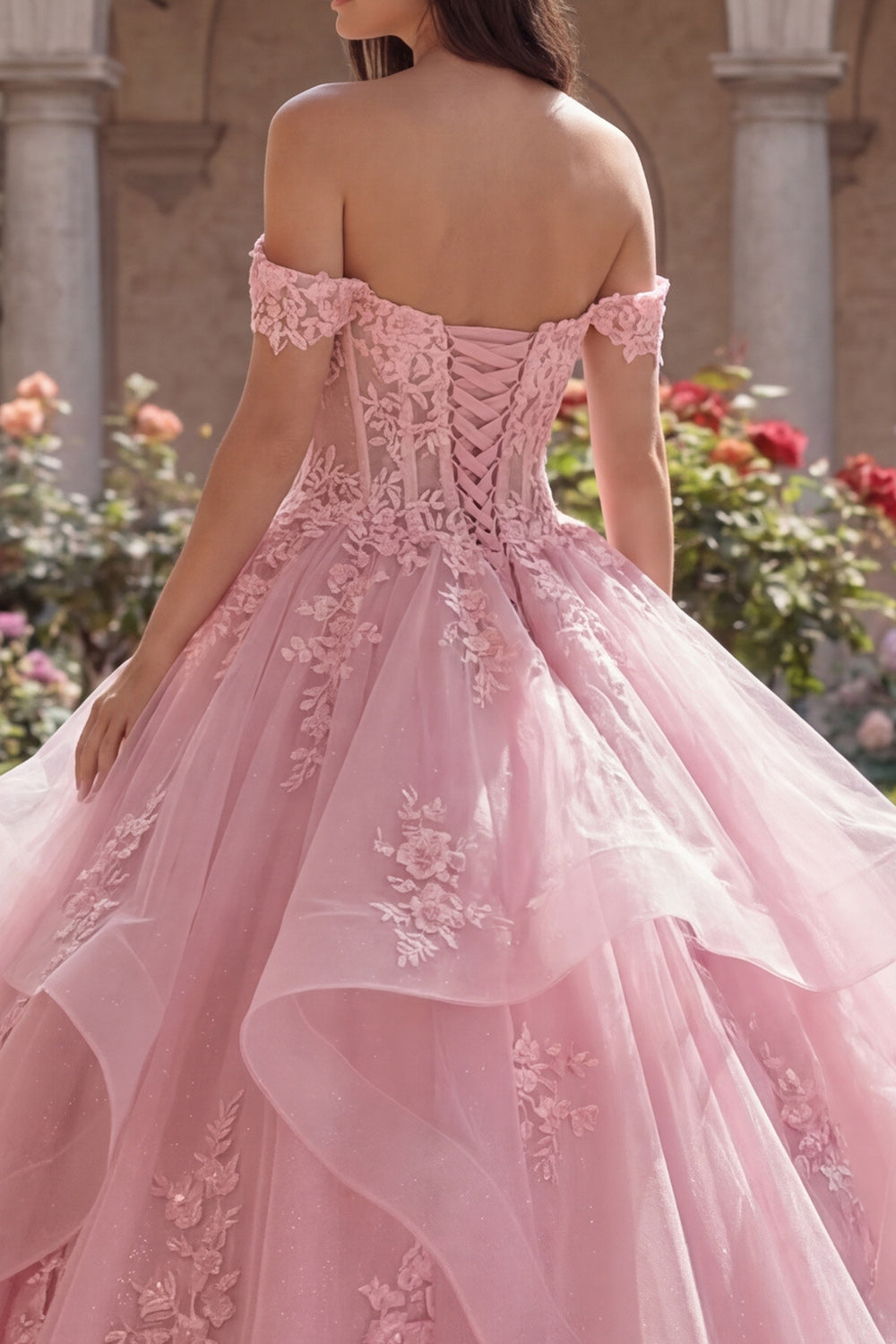 Pink Princess Floral Long Corset Glitter Quinceanera Dress with Ruffles