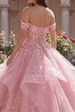 Pink Princess Floral Long Corset Glitter Quinceanera Dress with Ruffles