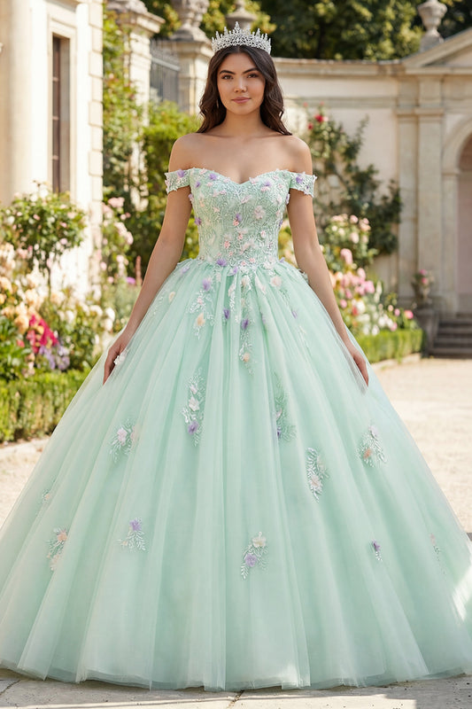 green emerald velvet dress Glitter Light Tulle Green Ball Gown Long Quinceanera Dress with Appliques main image 1