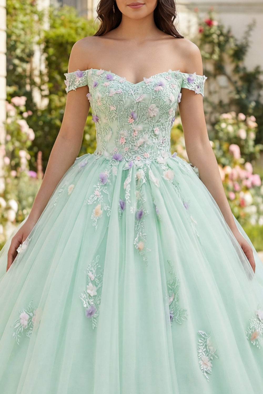 Off the Shoulder Light Green Princess Floral Long Quinceanera Dress with Lace