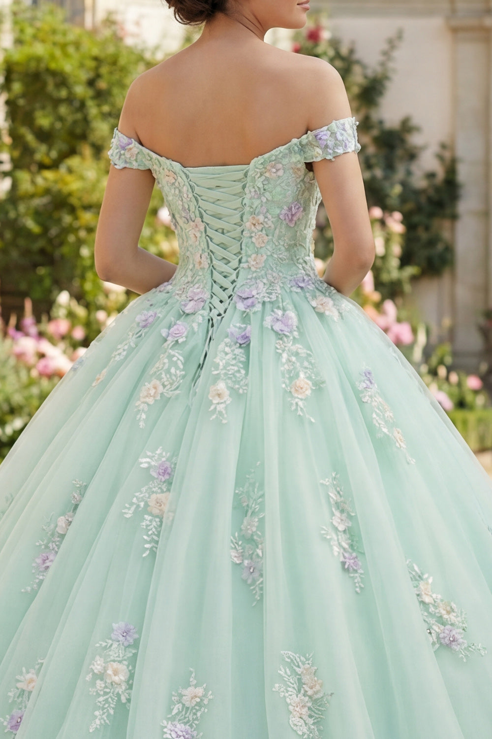 Off the Shoulder Light Green Princess Floral Long Quinceanera Dress with Lace