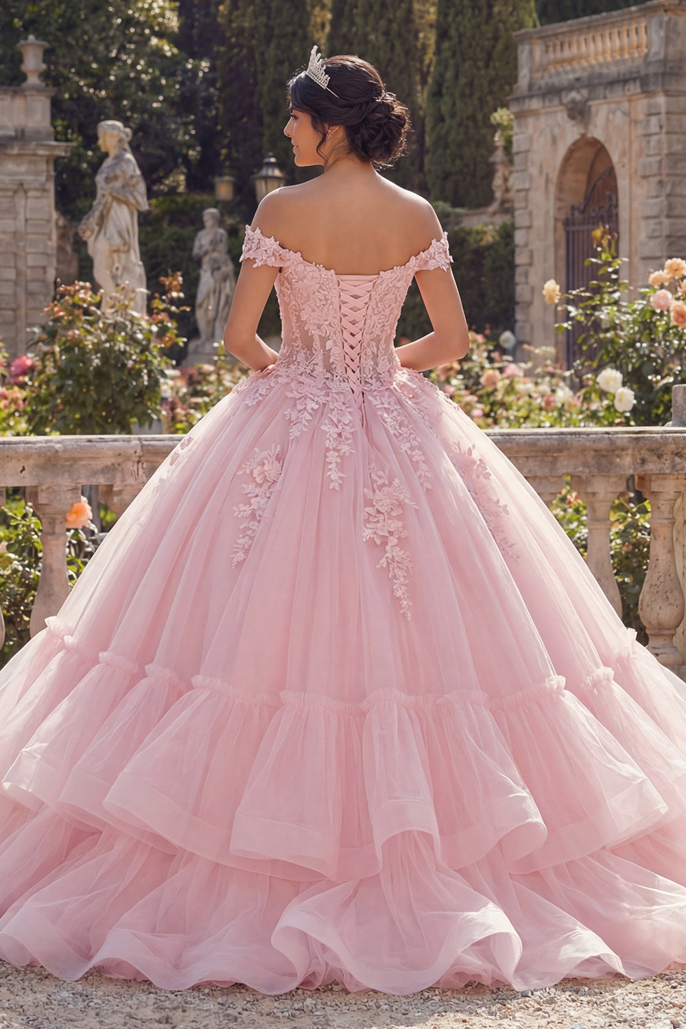 Pink Glitter Princess Floral Long Corset Quinceanera Dress with Ruffles