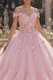 Pink Glitter Princess Floral Long Corset Quinceanera Dress with Ruffles