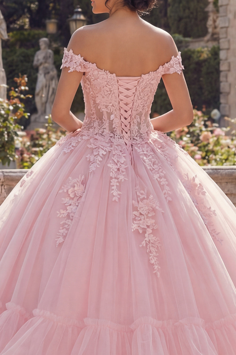 Pink Glitter Princess Floral Long Corset Quinceanera Dress with Ruffles
