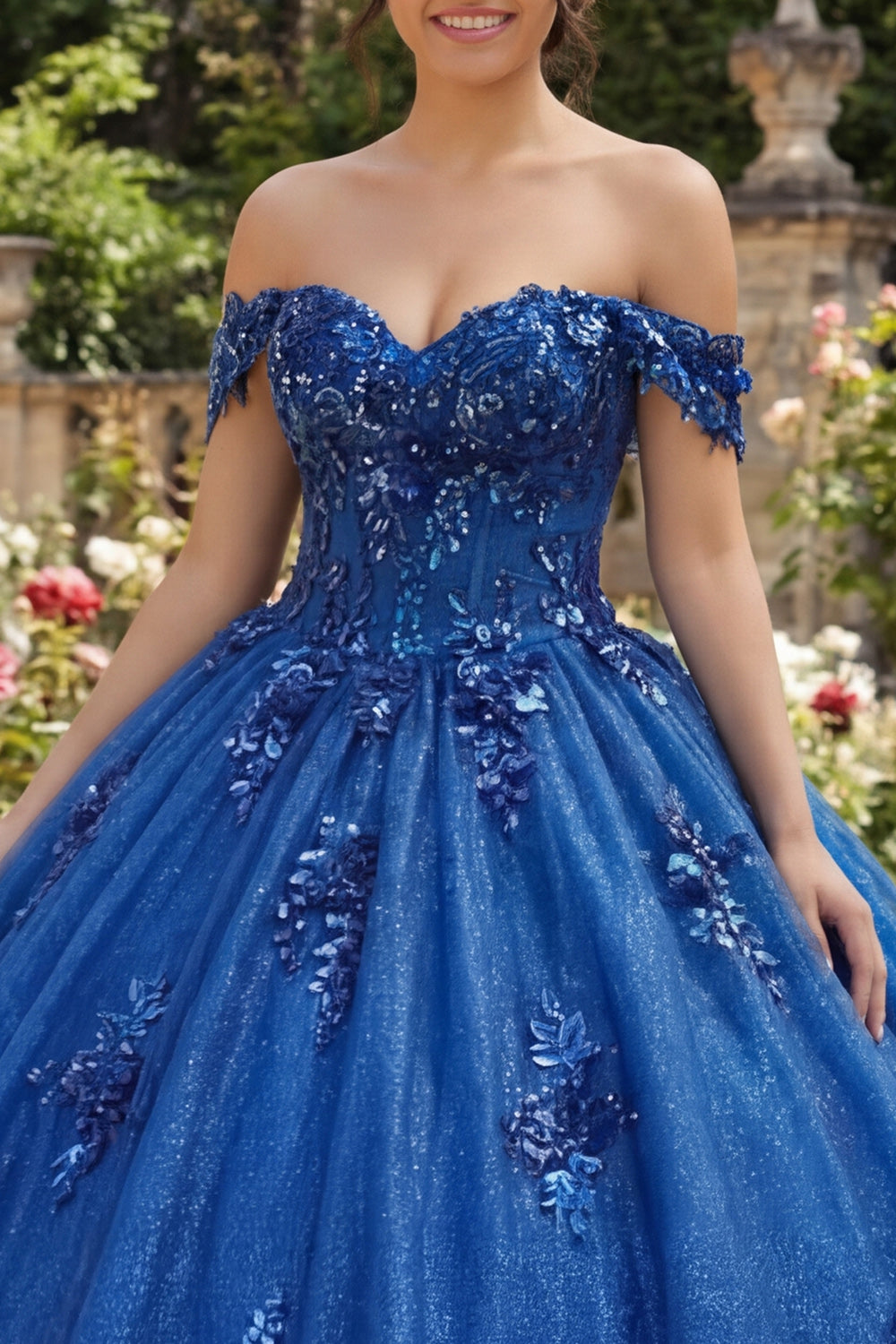 Sparkly Royal Blue Beaded Princess Glitter Long Floral Corset Quinceanera Dress