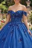 Sparkly Royal Blue Beaded Princess Glitter Long Floral Corset Quinceanera Dress
