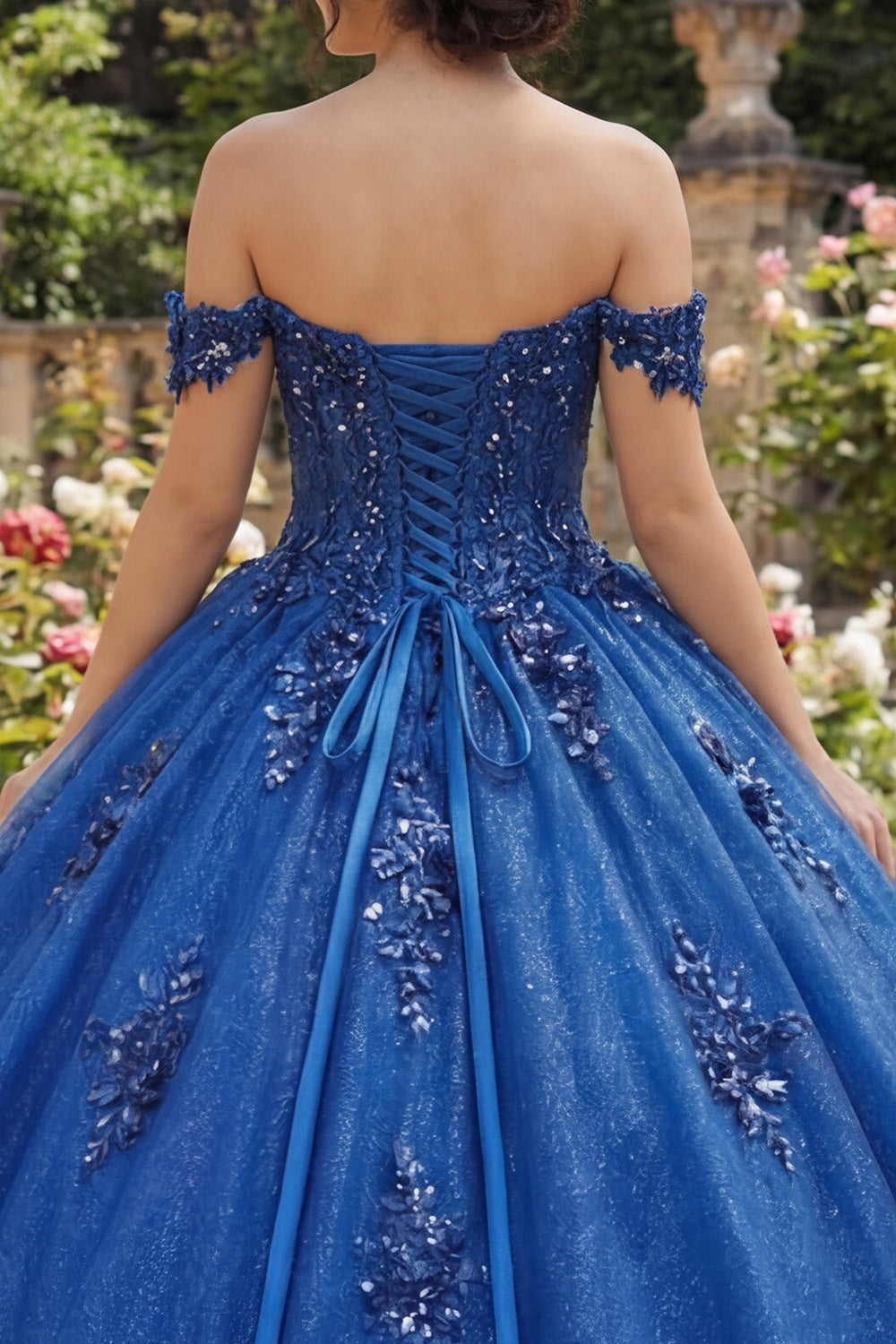 Sparkly Royal Blue Beaded Princess Glitter Long Floral Corset Quinceanera Dress