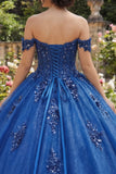 Sparkly Royal Blue Beaded Princess Glitter Long Floral Corset Quinceanera Dress
