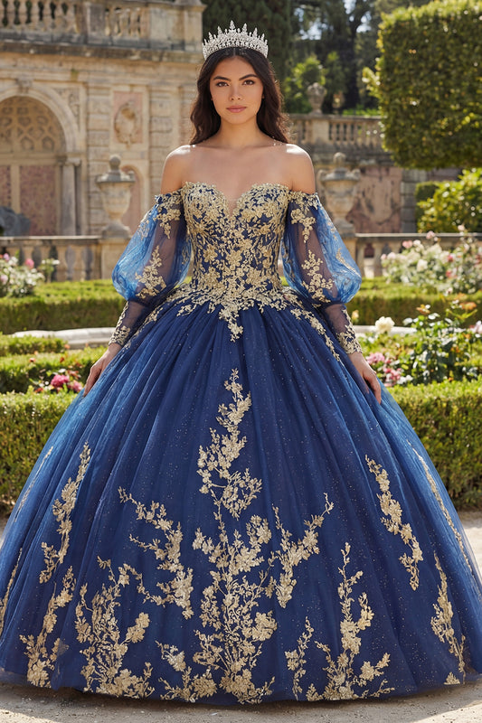 Glitter Princess Floral Long Appliqued Navy Quinceanera Dress