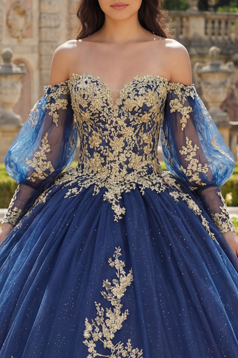 Glitter Princess Floral Long Appliqued Navy Quinceanera Dress