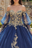 Glitter Princess Floral Long Appliqued Navy Quinceanera Dress