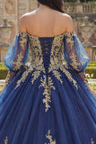 Glitter Princess Floral Long Appliqued Navy Quinceanera Dress