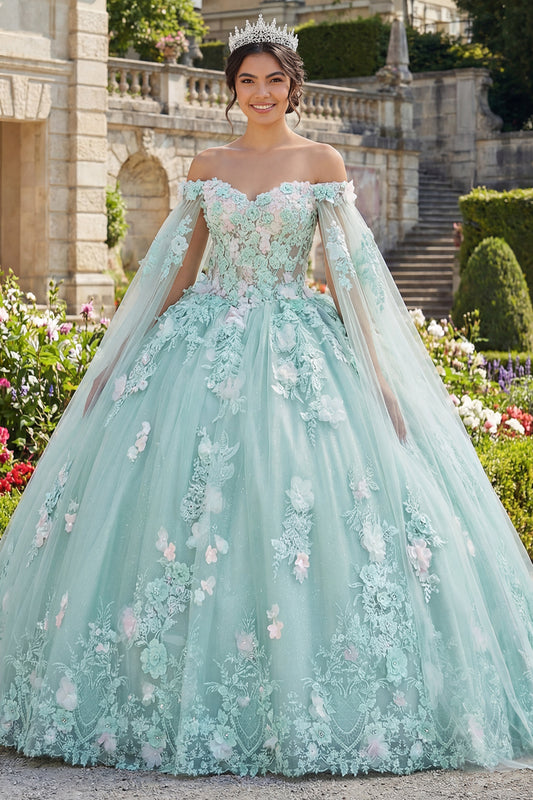 Zapakasa Women Mint Green Glitter Tulle Long Floral Corset Quinceanera Dress  with Cape Princess Off the Shoulder Ball Gown Sweet 16 Dress