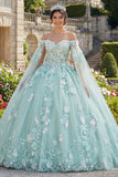 Mint Green Floral Long Corset Glitter Princess Quinceanera Dress with Cape