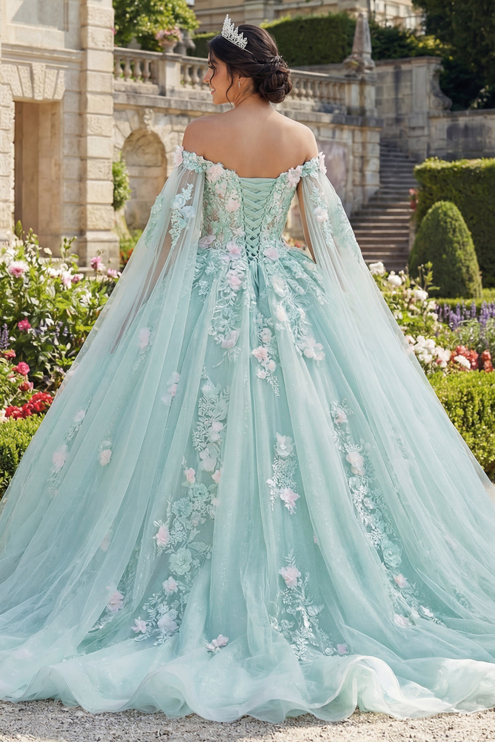 Mint Green Floral Long Corset Glitter Princess Quinceanera Dress with Cape
