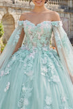 Mint Green Floral Long Corset Glitter Princess Quinceanera Dress with Cape