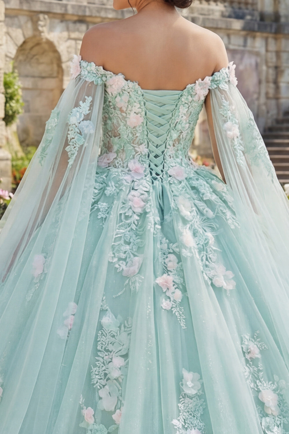 Mint Green Floral Long Corset Glitter Princess Quinceanera Dress with Cape