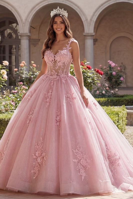 Thick Straps Pink Floral Long Corset Glitter Princess Quinceanera Dress