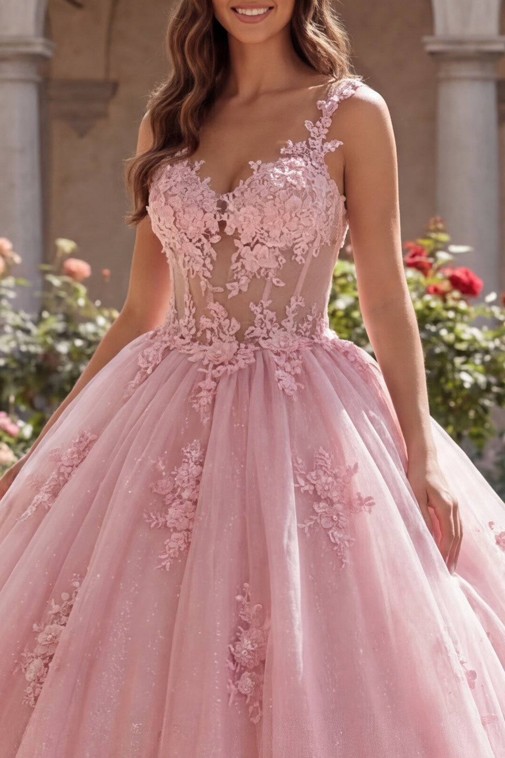 Thick Straps Pink Floral Long Corset Glitter Princess Quinceanera Dress