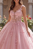 Thick Straps Pink Floral Long Corset Glitter Princess Quinceanera Dress