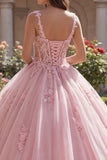 Thick Straps Pink Floral Long Corset Glitter Princess Quinceanera Dress
