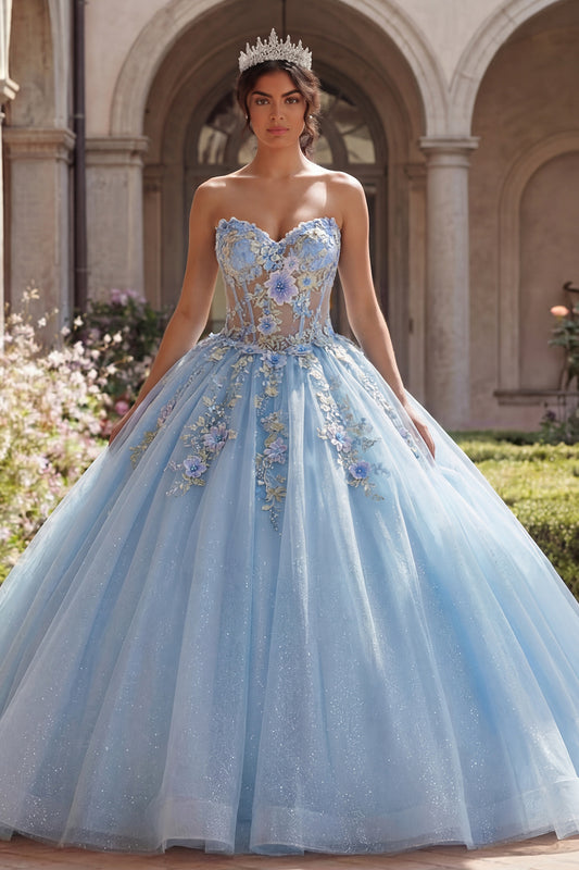 Strapless Sky Blue Floral Long Corset Glitter Princess Quinceanera Dress with Lace