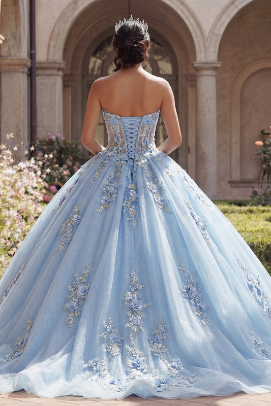 Strapless Sky Blue Floral Long Corset Glitter Princess Quinceanera Dress with Lace