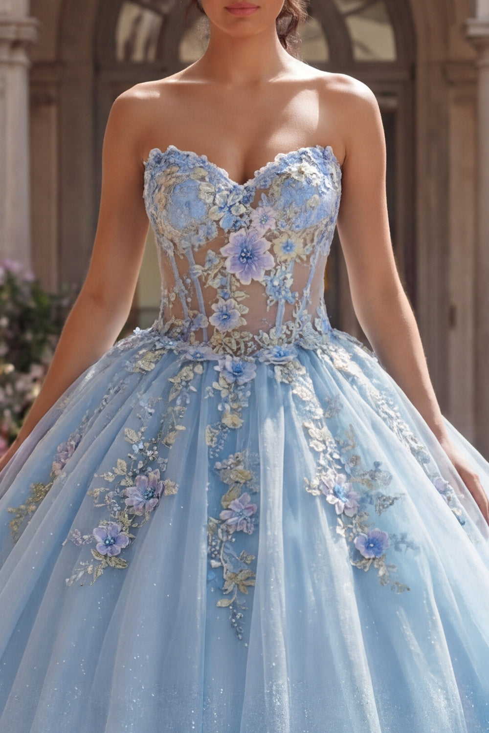 Strapless Sky Blue Floral Long Corset Glitter Princess Quinceanera Dress with Lace