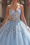 Strapless Sky Blue Floral Long Corset Glitter Princess Quinceanera Dress with Lace