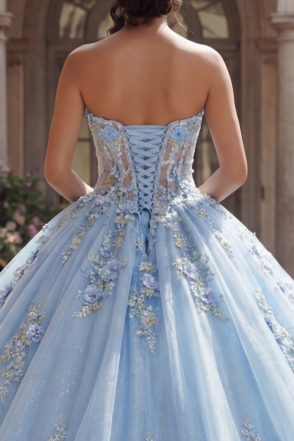 Strapless Sky Blue Floral Long Corset Glitter Princess Quinceanera Dress with Lace