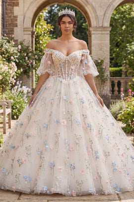 Champagne Puff Sleeves Princess Floral Long Corset Quinceanera Dress
