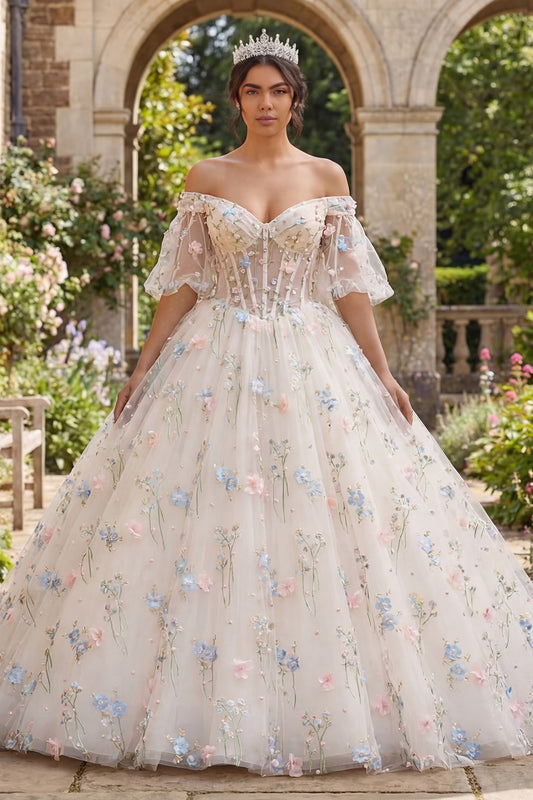 Champagne Puff Sleeves Princess Floral Long Corset Quinceanera Dress