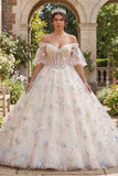 Champagne Puff Sleeves Princess Floral Long Corset Quinceanera Dress