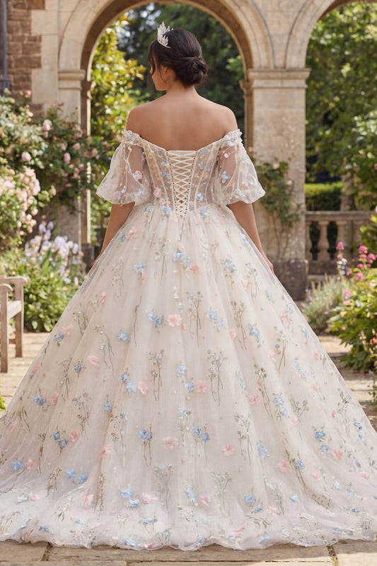 Champagne Puff Sleeves Princess Floral Long Corset Quinceanera Dress