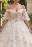 Champagne Puff Sleeves Princess Floral Long Corset Quinceanera Dress