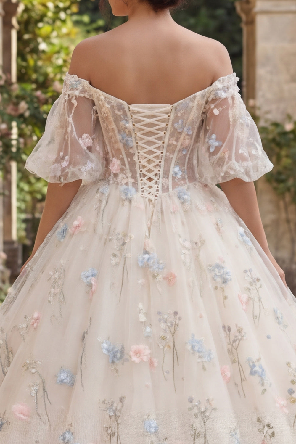 Champagne Puff Sleeves Princess Floral Long Corset Quinceanera Dress