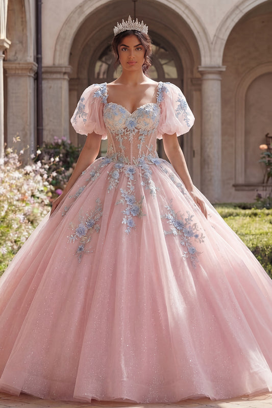 Pink Floral Puff Sleeves Long Corset Glitter Princess Quinceanera Dress with Lace