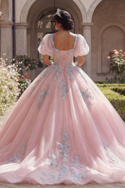 Pink Floral Puff Sleeves Long Corset Glitter Princess Quinceanera Dress with Lace