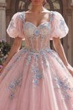 Pink Floral Puff Sleeves Long Corset Glitter Princess Quinceanera Dress with Lace