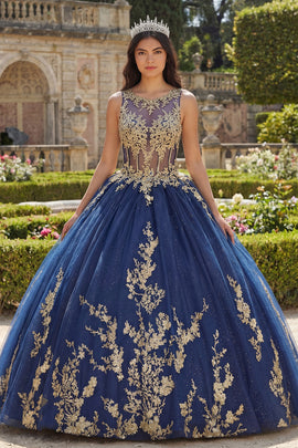 Boat Neck Glitter Princess Floral Long Corset Appliqued Navy Quinceanera Dress