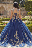 Boat Neck Glitter Princess Floral Long Corset Appliqued Navy Quinceanera Dress