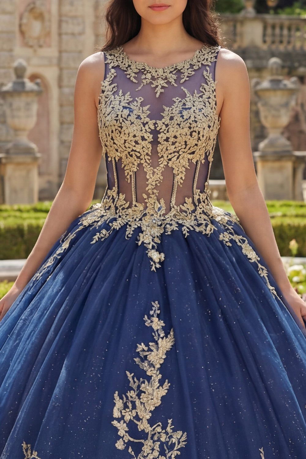 Boat Neck Glitter Princess Floral Long Corset Appliqued Navy Quinceanera Dress